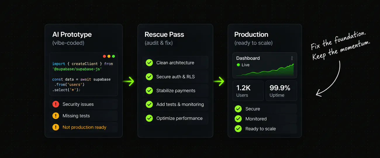 Three stages side by side: a vibe coded prototype with security issues and missing tests, a rescue pass fixing architecture, auth and payments, and a production dashboard that is secure, monitored and ready to scale
