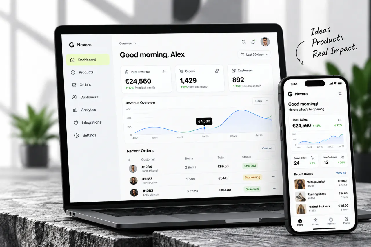 A business dashboard showing revenue, orders and customers on a laptop, beside the same product running on a phone
