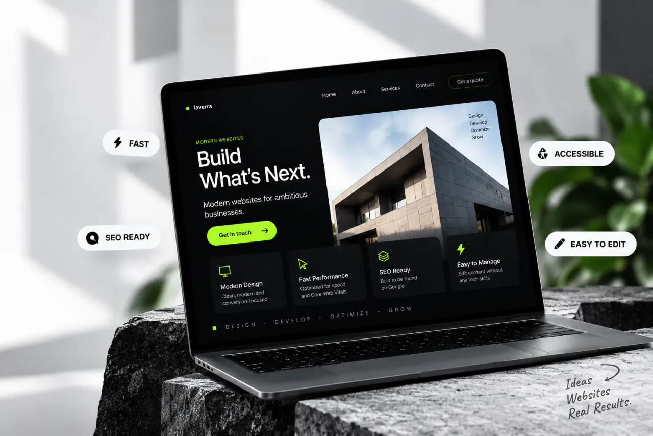 A website design for a construction company, shown on a laptop, labelled fast, SEO ready, accessible and easy to edit