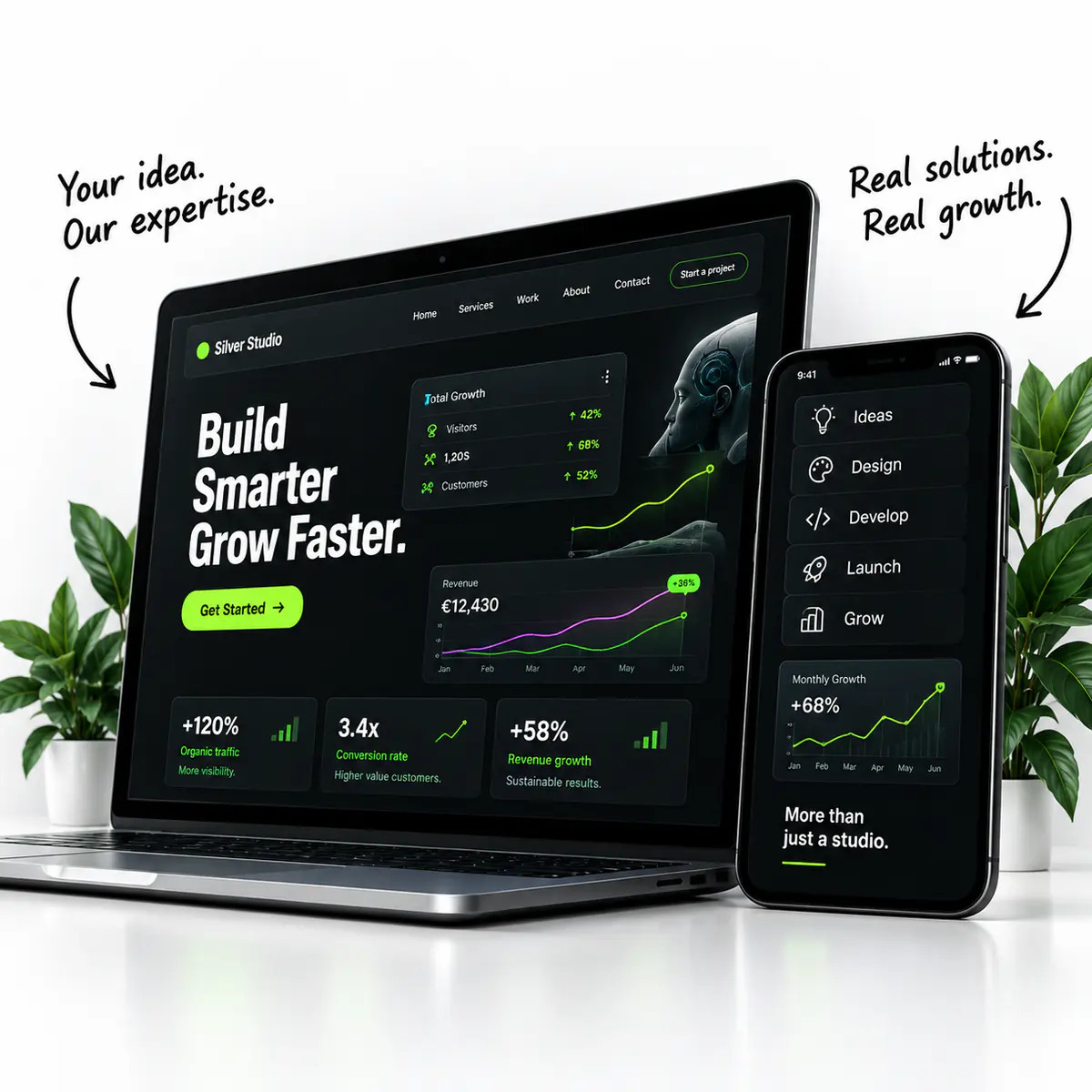 A laptop and a phone showing work by the studio, a growth dashboard on one and the stages from idea through design, development and launch on the other