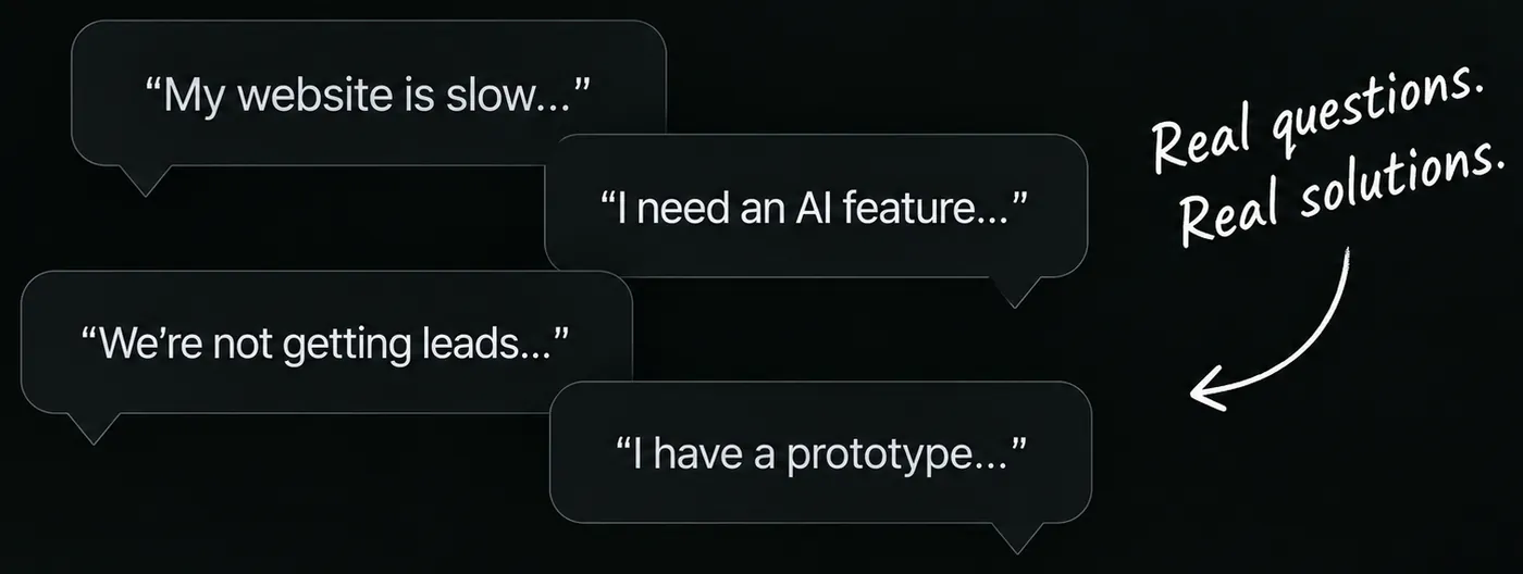 Four chat bubbles carrying the sentences people actually open with: my website is slow, I need an AI feature, we are not getting leads, I have a prototype