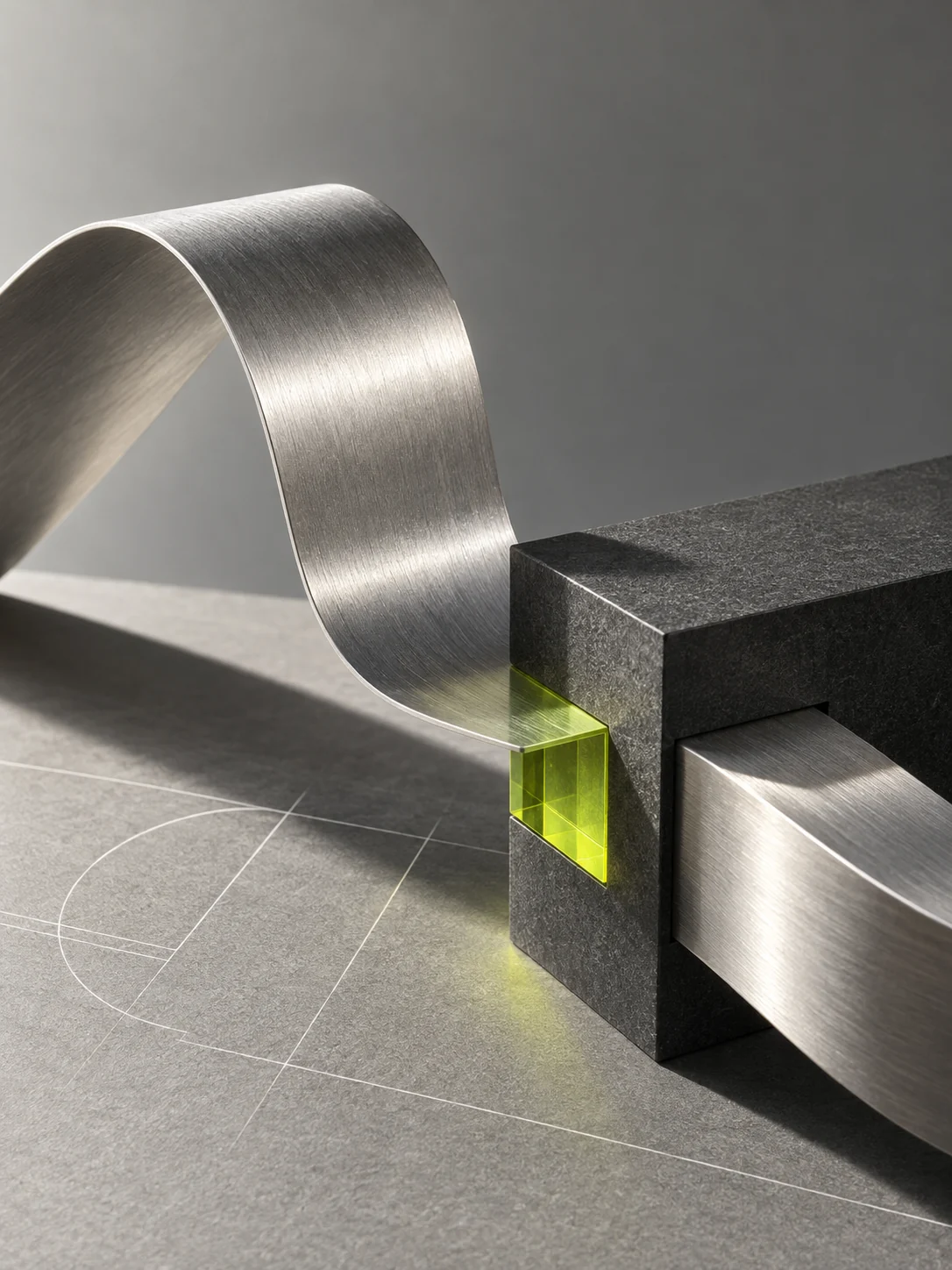 Opera concettuale originale con materiali in argento, grafite e lime che si incastrano