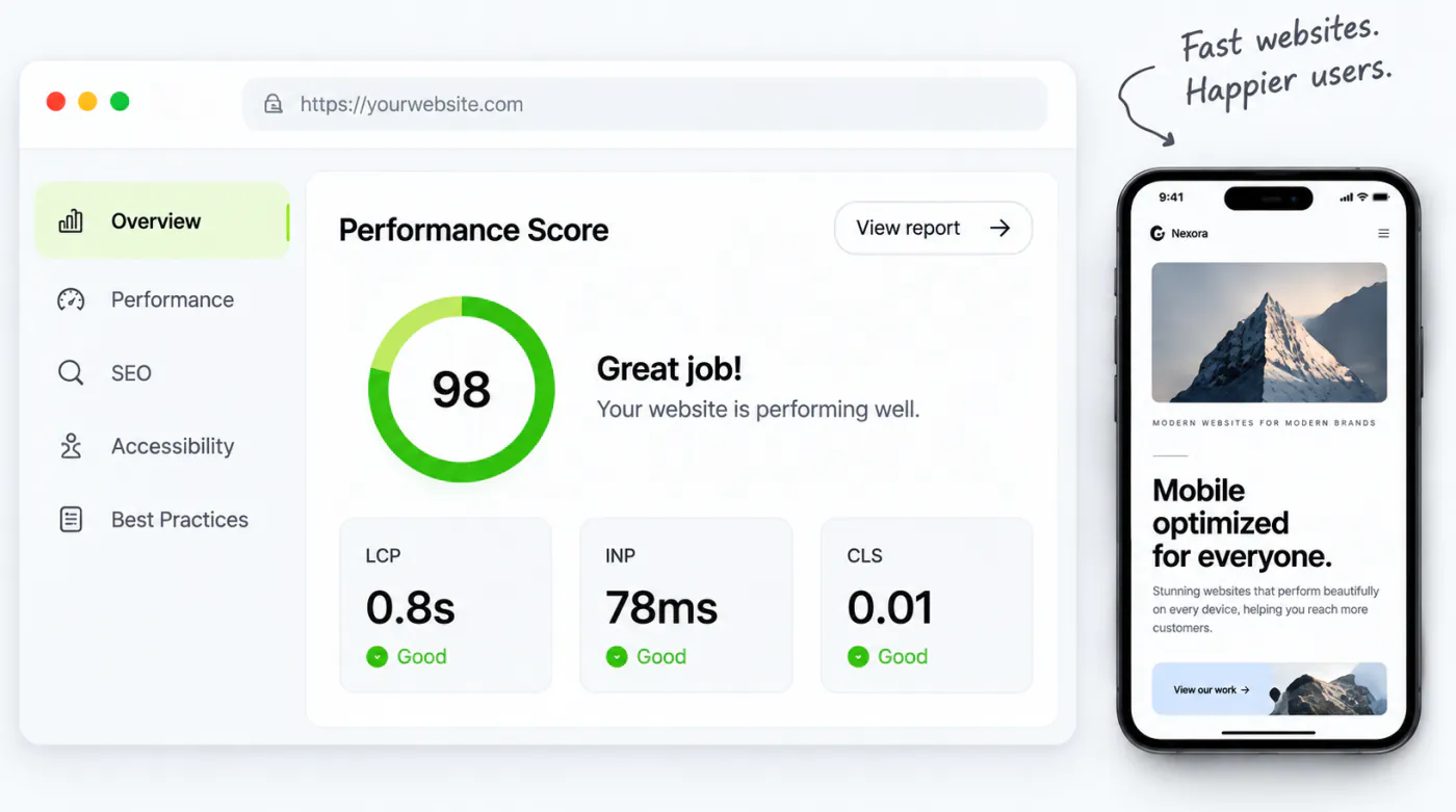 A performance report scoring 98, with a largest contentful paint of 0.8 seconds, an interaction delay of 78 milliseconds and almost no layout shift, beside the same site running on a phone